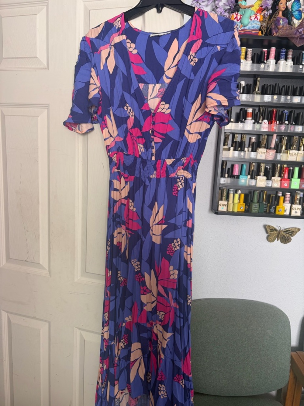 Womens Purppe Floral Maxi Dress with Pink & Cream Accents